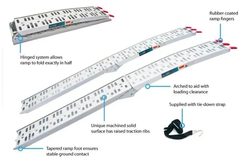 Foldable silver loading ramps with rubber-coated ramp fingers, arched for clearance, and tie-down strap.