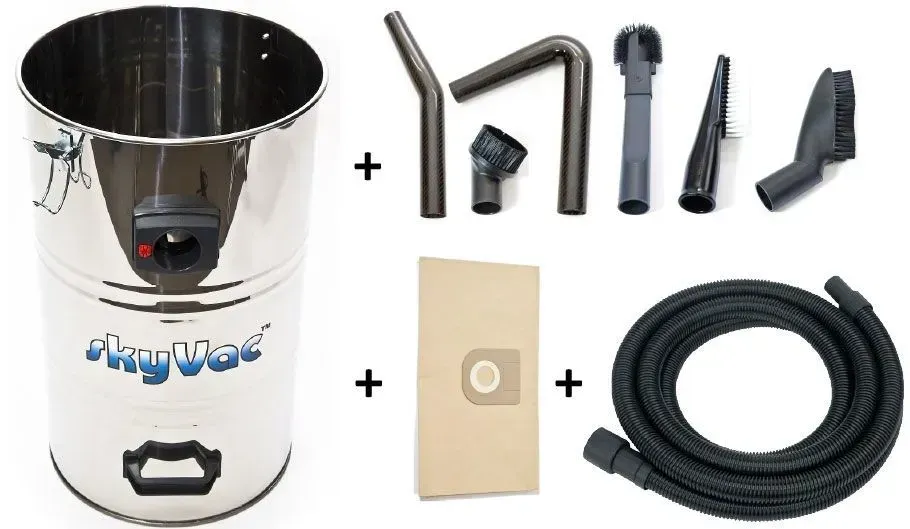 Stainless steel shop vacuum with accessories, including hose and nozzles.