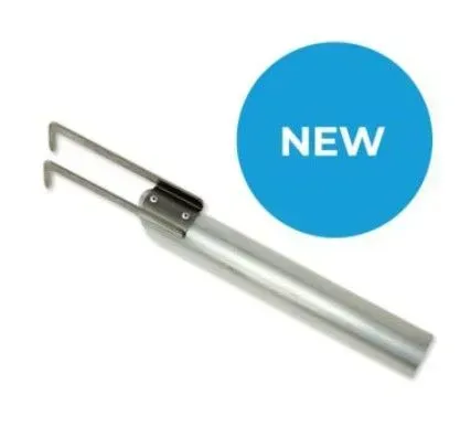 Metal soldering tool with angled tips, labeled 