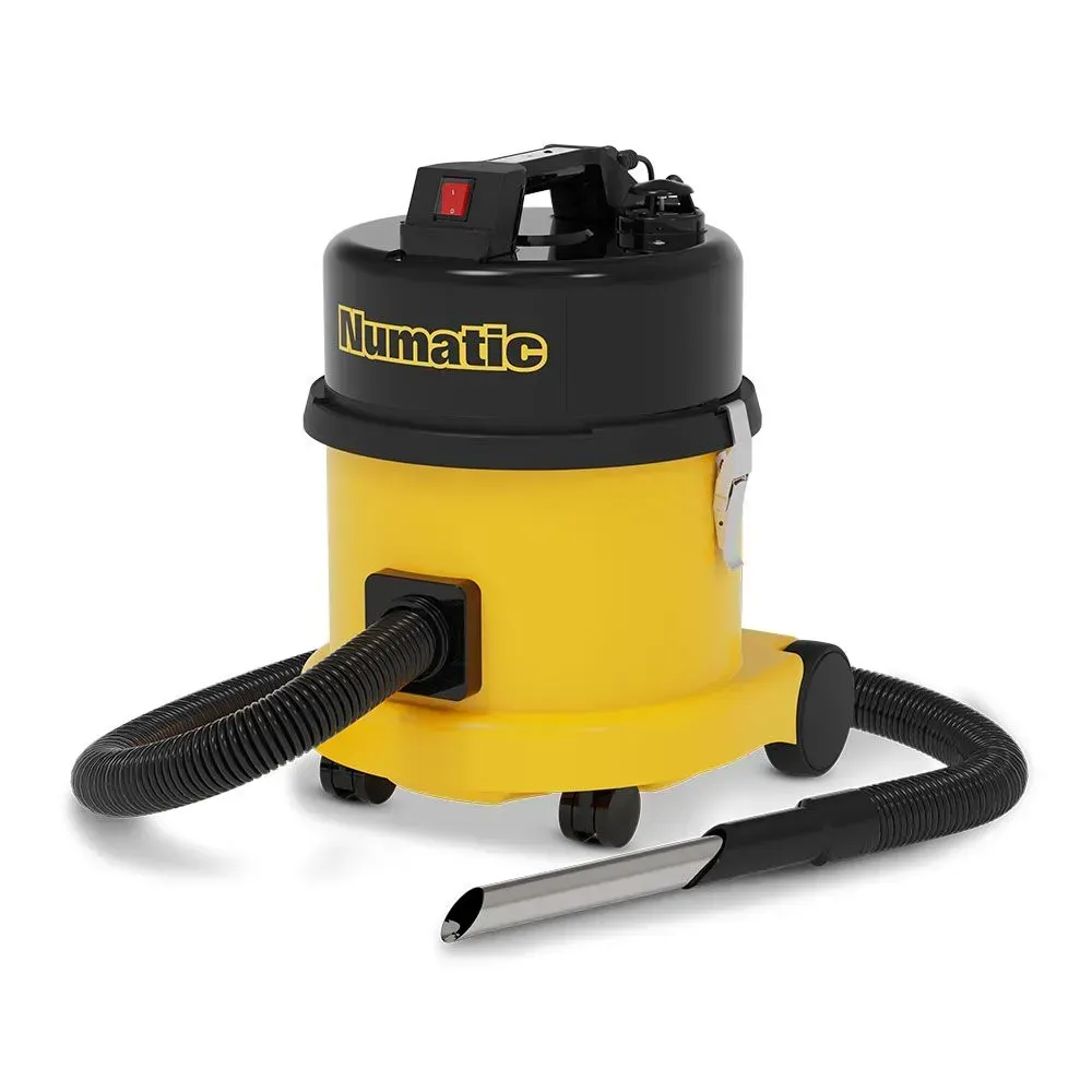Yellow and black Numatic vacuum cleaner with hose and metal nozzle.