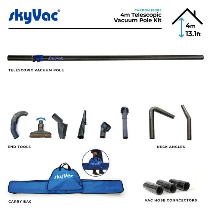 SkyVac 4m telescopic vacuum pole kit with tools, connectors, and a carry bag.
