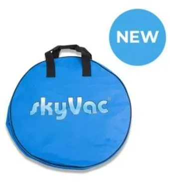 Blue SkyVac carrying bag with black handles, and a blue “NEW” circular label.