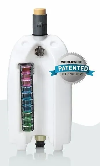 White water filtration device with a multicolored indicator, labeled 