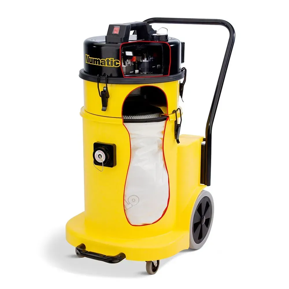 Yellow Numatic vacuum cleaner with cutaway view showing the inner bag and motor.