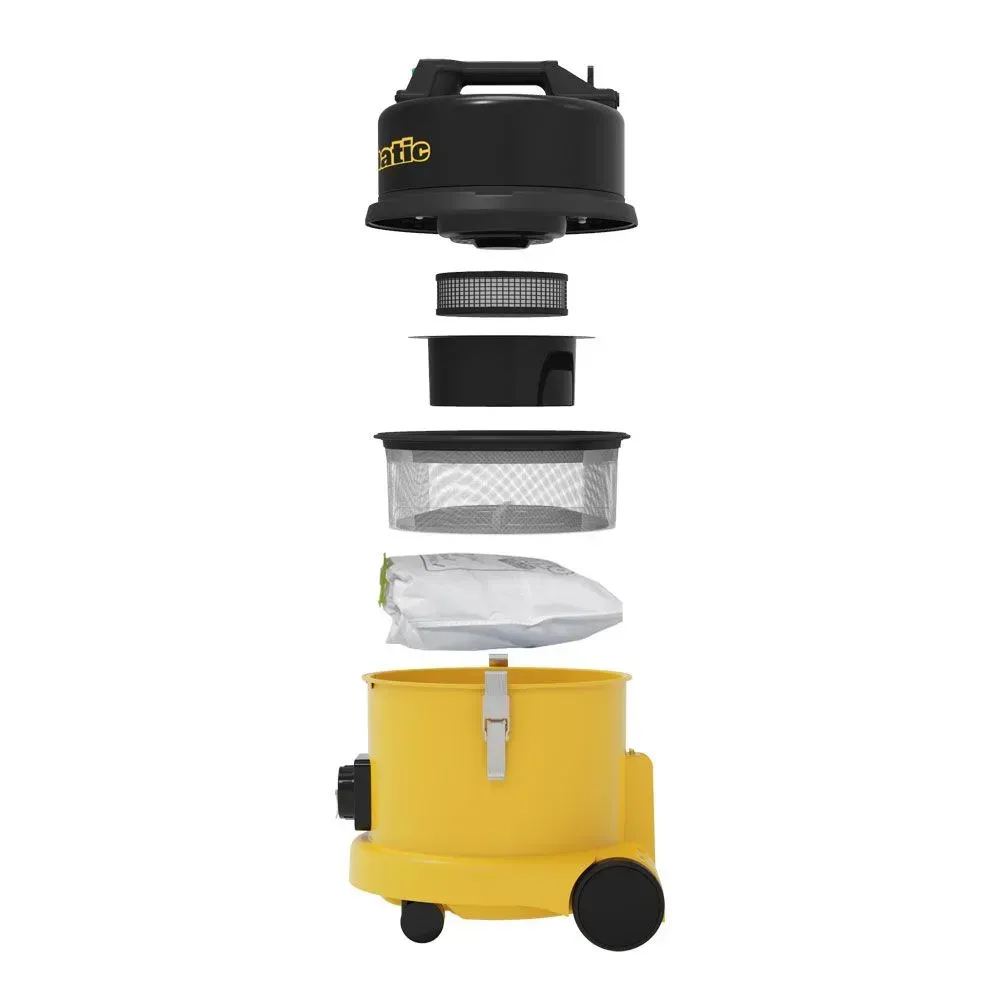Exploded view of a yellow and black wet/dry vacuum cleaner showing internal components.