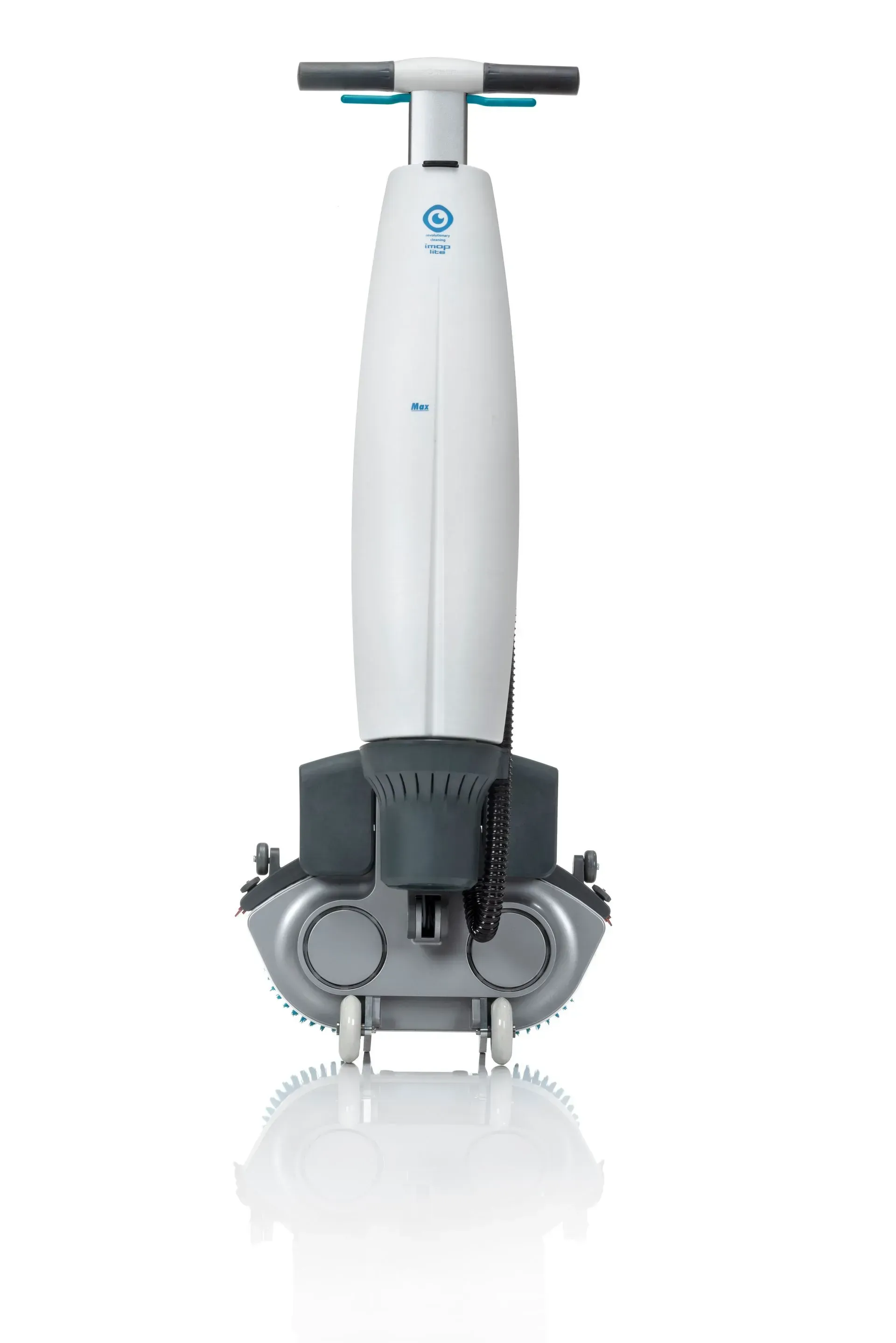 Floor-cleaning machine with a white body, teal accents, and two round cleaning heads.