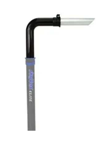 Black and silver pool vacuum head attached to a gray pole with 