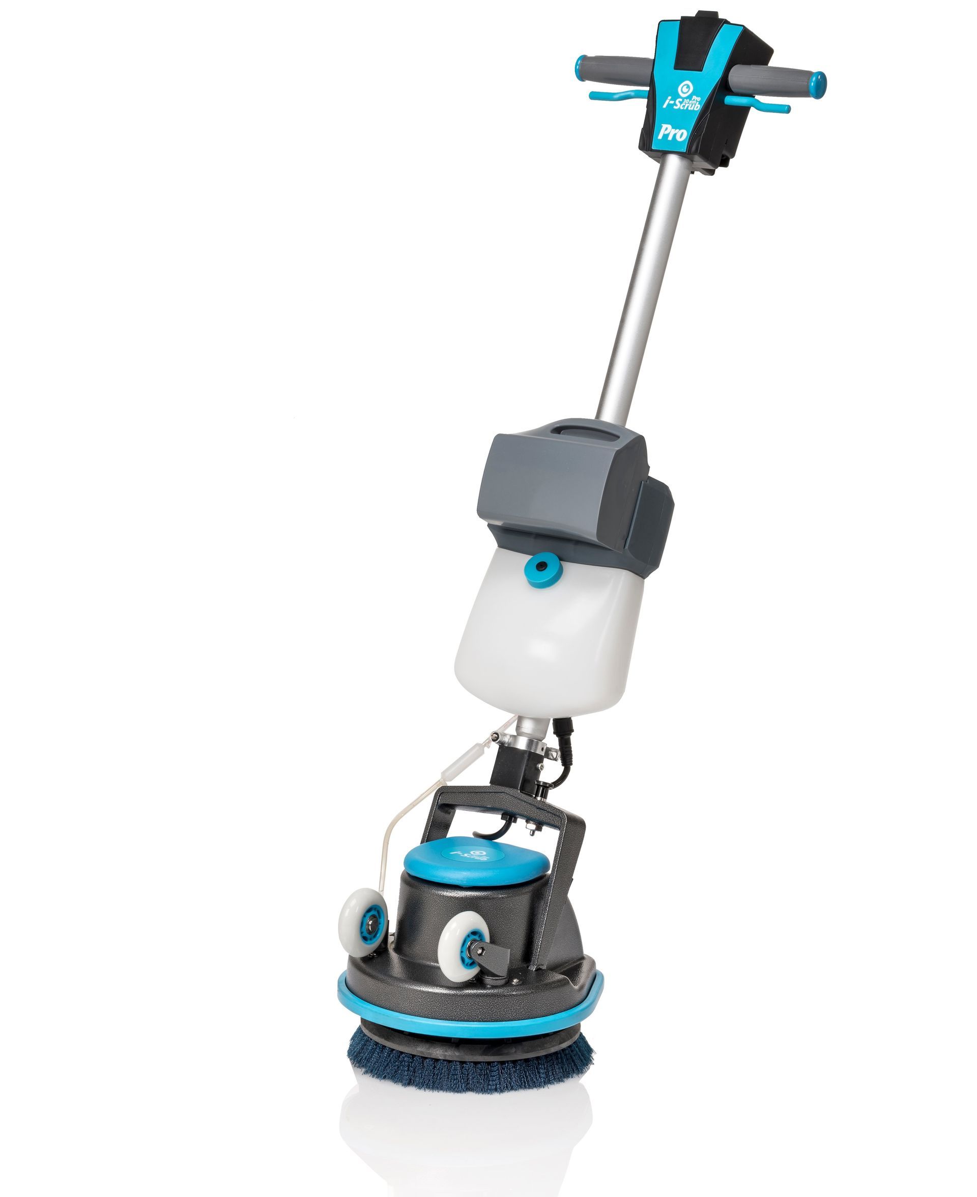 Blue and gray floor cleaning machine with handle and water tank.
