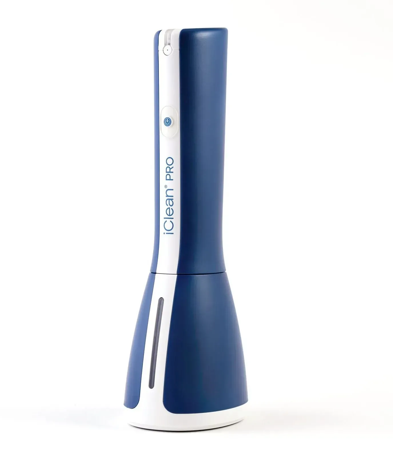Dark blue and white iClean Pro device, cylindrical body with white stripe, blue LED button, angled base.