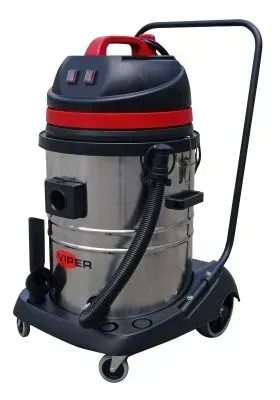 Stainless steel Viper vacuum cleaner with red and black accents, on wheels.