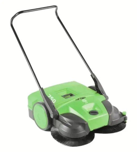 Green and black push-powered outdoor sweeper with handle and rotating brushes.