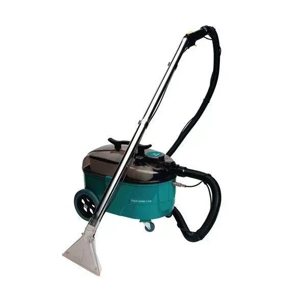 Turquoise carpet cleaner with a metal wand and nozzle, on a white background.