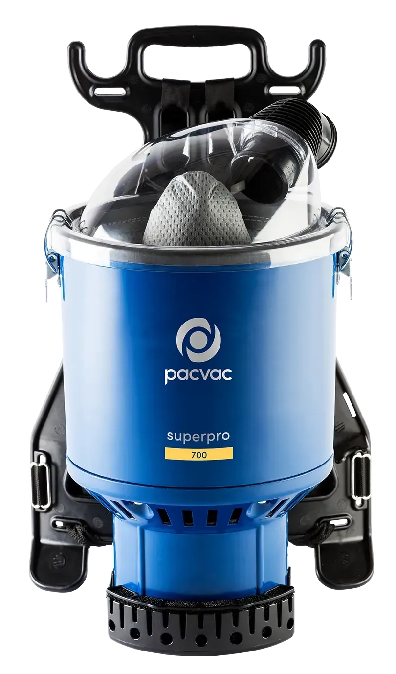Blue Pacvac Superpro backpack vacuum with black frame and handle.