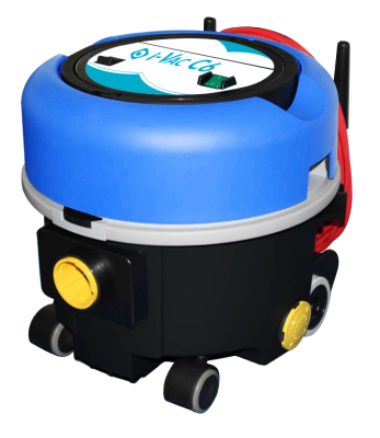 Robot vacuum cleaner, blue and black with yellow accents, white circular top, and wheels.