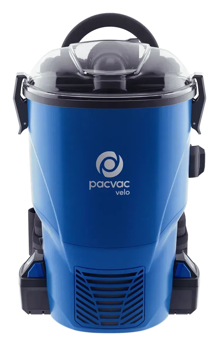 Blue backpack vacuum with black straps, a handle, and a battery. 