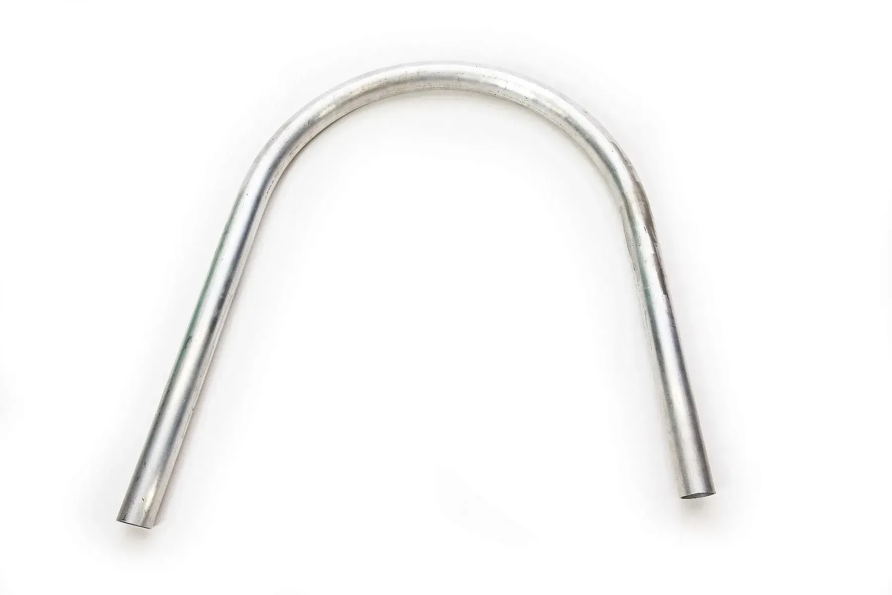 Bent, silver metal rod. U-shaped with rounded top and straight sides.