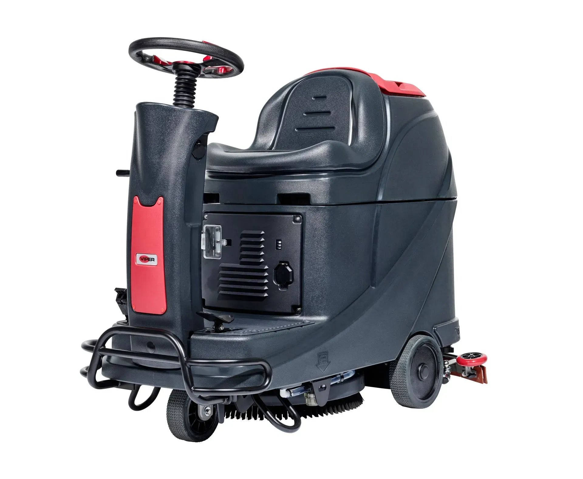 Black and red ride-on floor scrubber with a steering wheel and seat.