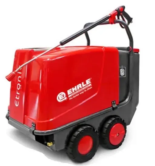 Red and gray Ehrle mobile pressure washer with nozzle and handle; sits on wheels.