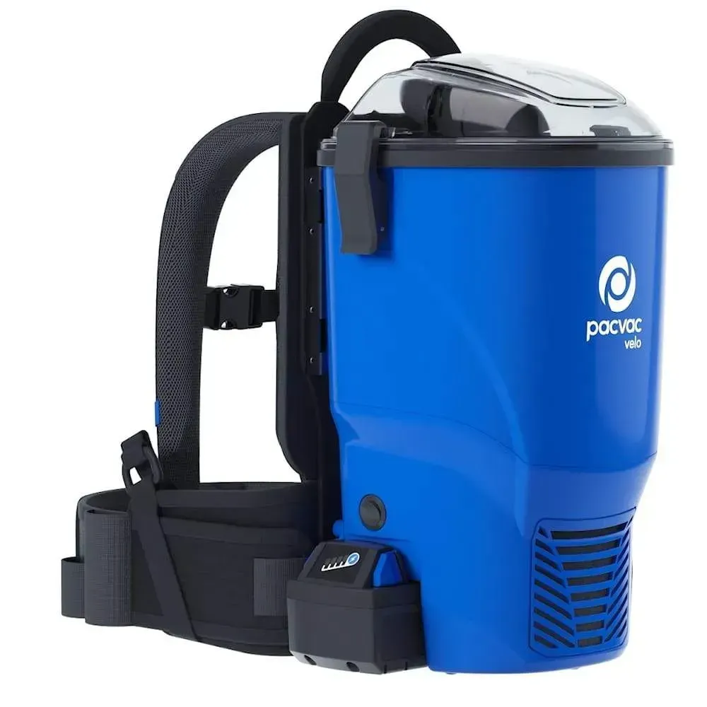 Blue backpack vacuum with black straps, a handle, and a battery. 