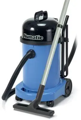 Blue Numatic vacuum cleaner with black top and hose, grey wand, and black floor brush.