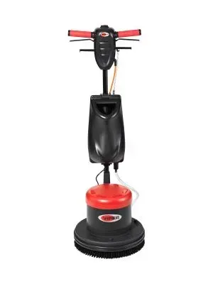 Black and red floor buffer with long handle, used for cleaning floors.