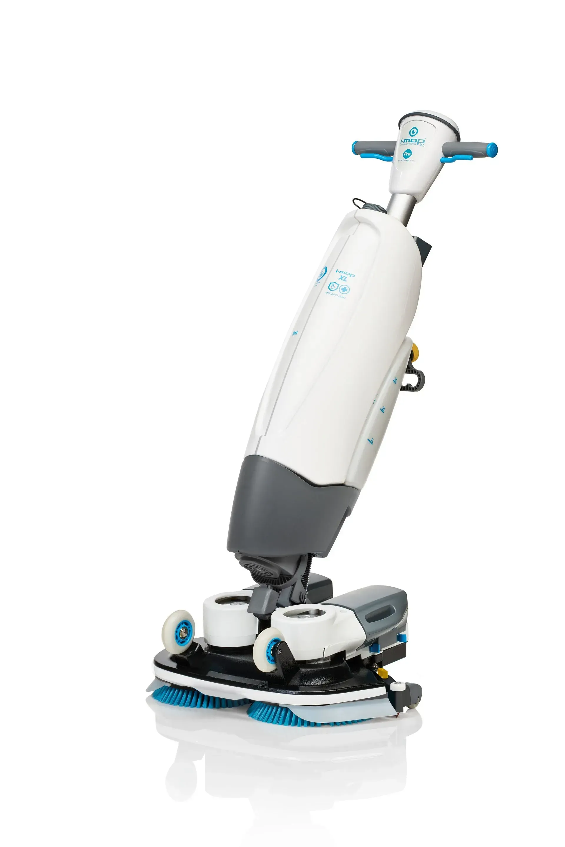 White and gray floor cleaning machine with blue accents, angled on a white background.