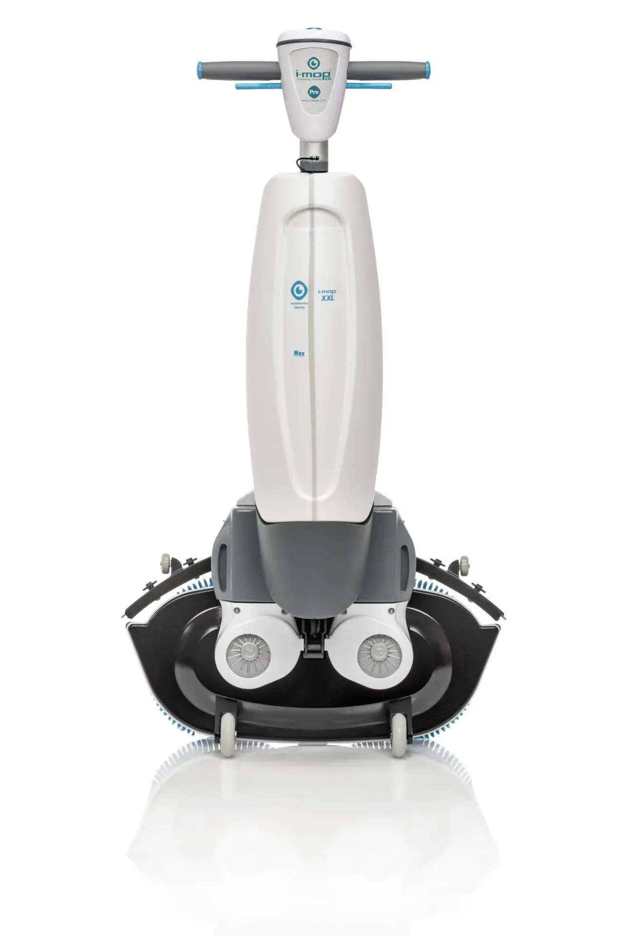 White and gray floor scrubber with a handle, two circular scrubbers at the base.