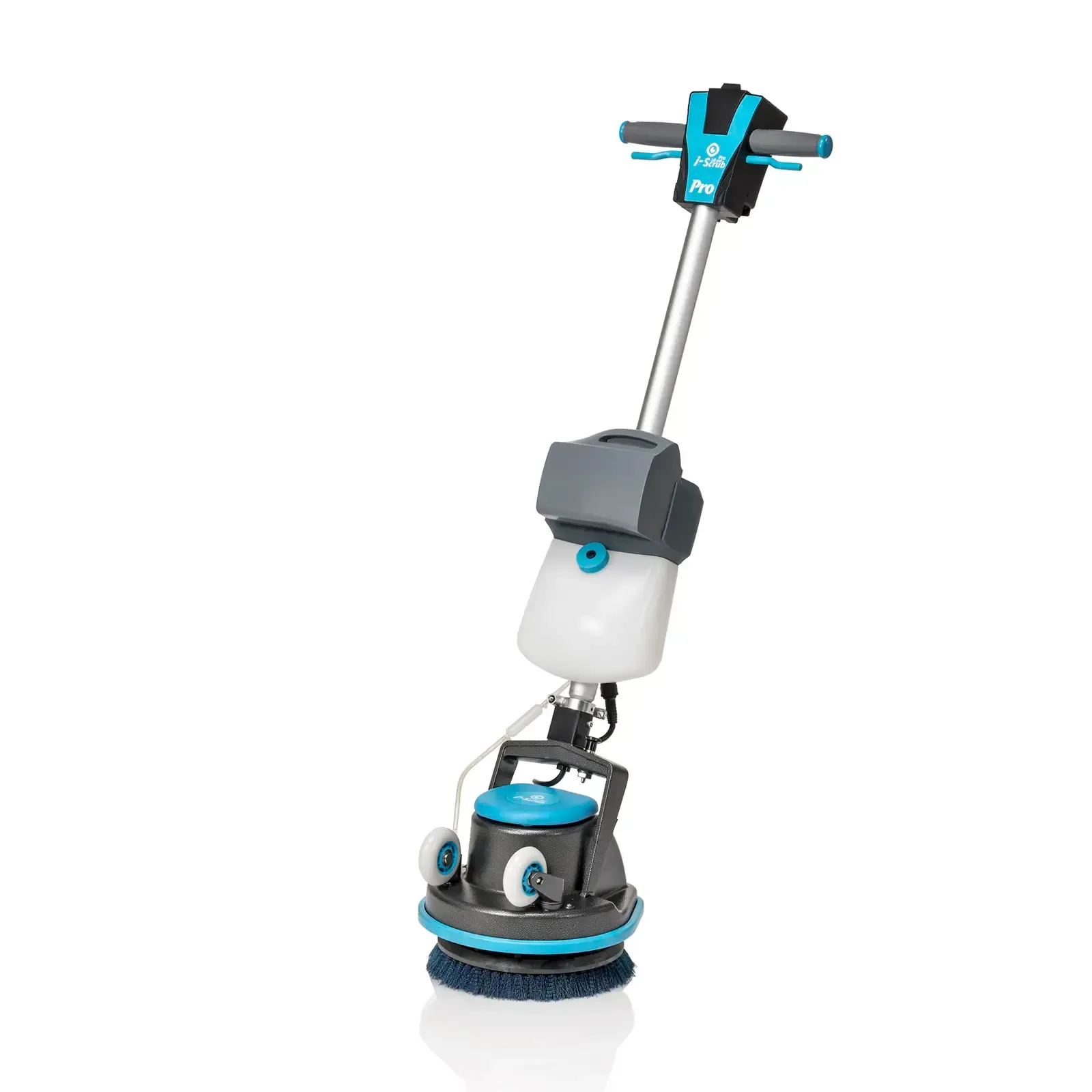 Blue and gray floor scrubber with rotating brush heads and water tank.