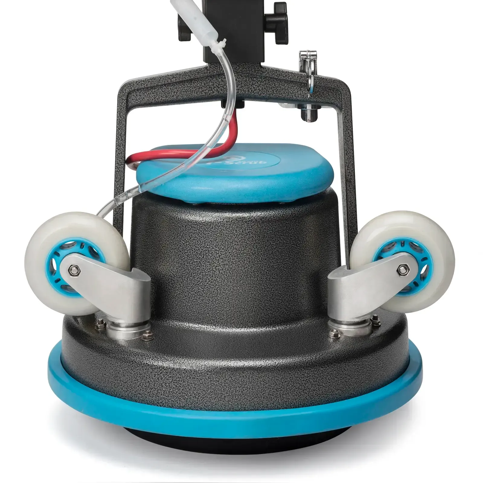 Blue and gray floor scrubber with rotating brush heads and water tank.