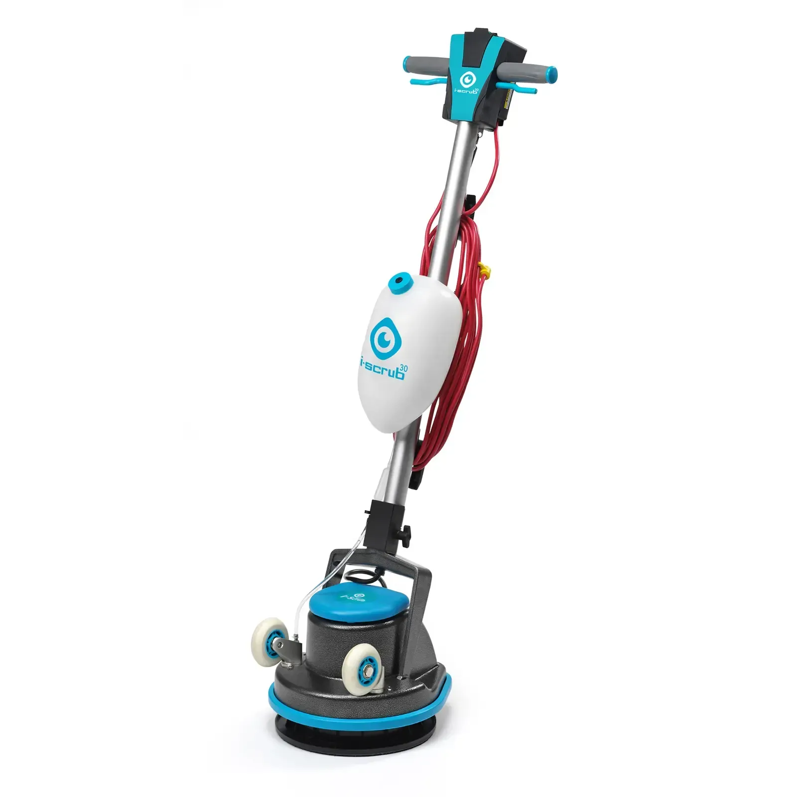 Blue and gray floor cleaning machine with a water tank and handle.