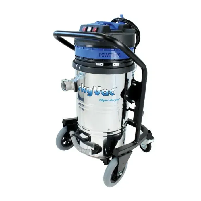 Stainless steel SkyVac industrial vacuum cleaner with black and blue accents on a wheeled base.