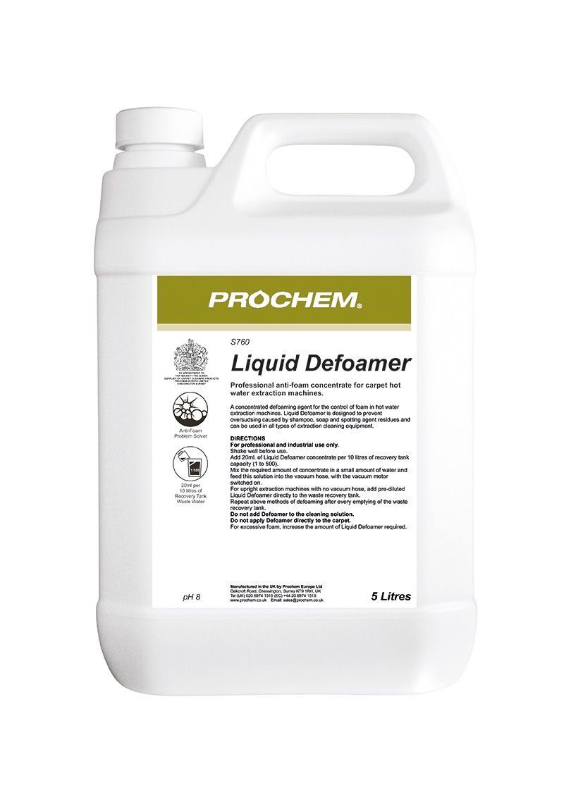 White Prochem Liquid Defoamer container with a handle, product label details.