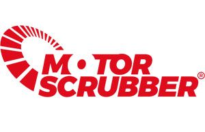 Motor Scrubber logo, red text and symbol on white background.