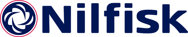 Nilfisk logo: circular emblem with blue swirling design and company name in blue.