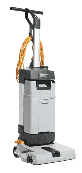 Upright commercial floor cleaner, gray and black, with orange cord.