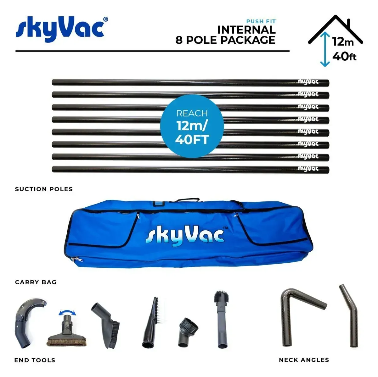 SkyVac internal 8-pole package. Includes poles, carry bag, various tools, and reaches 12m/40ft.