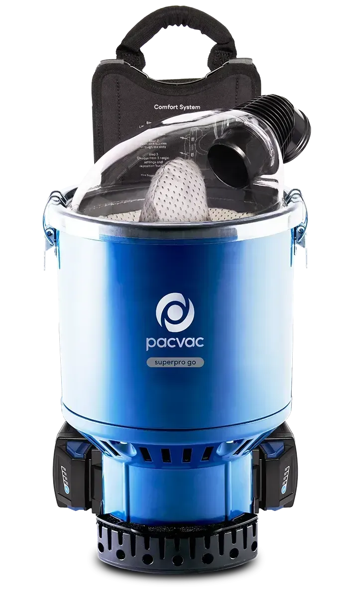 Blue Powr-Vac portable vacuum cleaner with black handle, nozzles, and base.