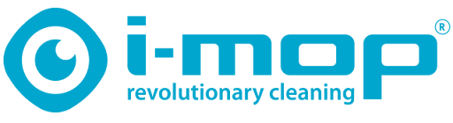 Logo for i-mop, a cleaning product company, featuring a blue eye-shaped design, the words 