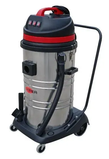 Silver and black industrial vacuum cleaner with red accents, on a wheeled base.