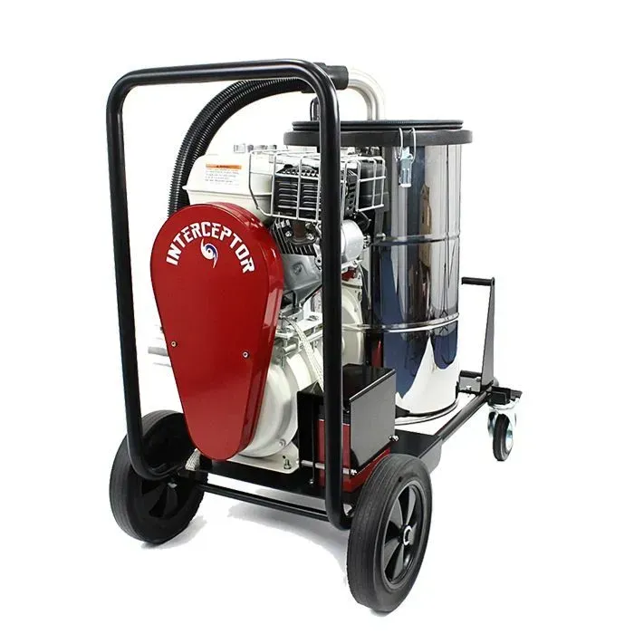 Red and chrome industrial vacuum with black frame and wheels, labeled 