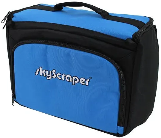 Blue and black rectangular bag with a handle, the word "skyscraper" on the front.