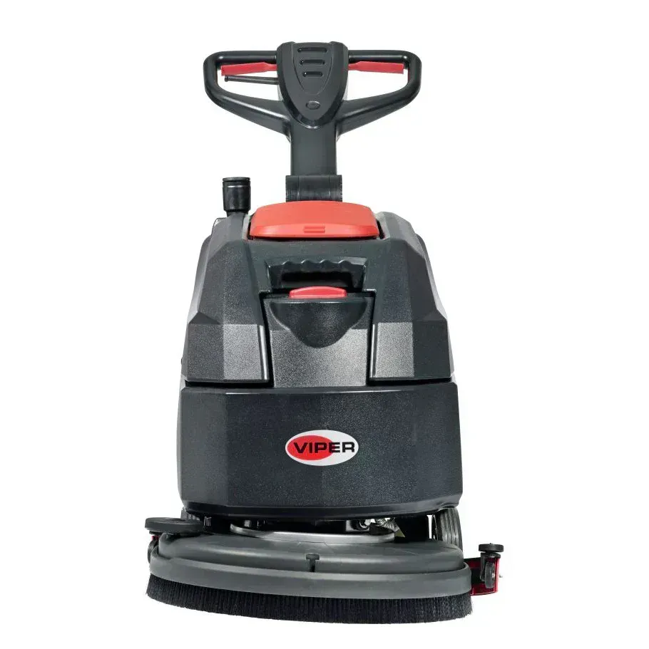 Black and gray Viper floor scrubber with a red handle and controls, on a white background.