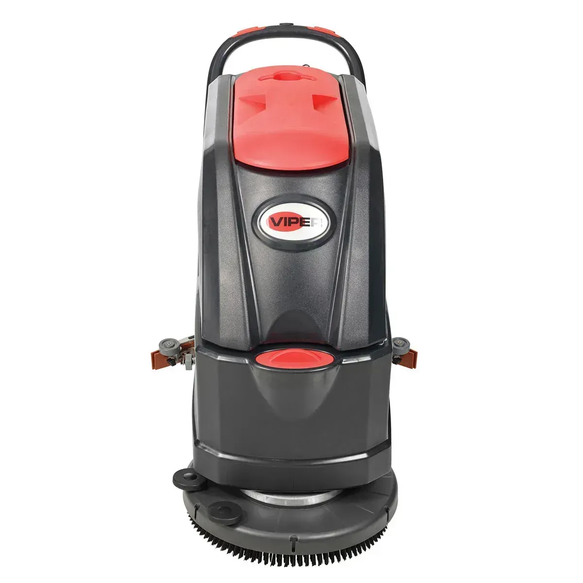 Black and red floor cleaning machine with circular brush head and handle.