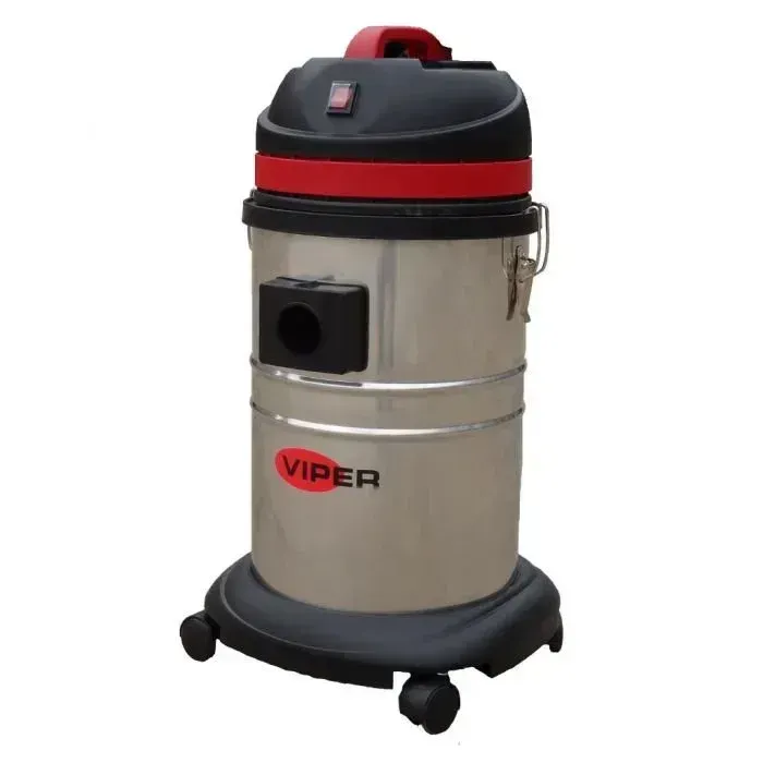 Stainless steel Viper vacuum cleaner with red and black accents and wheels.