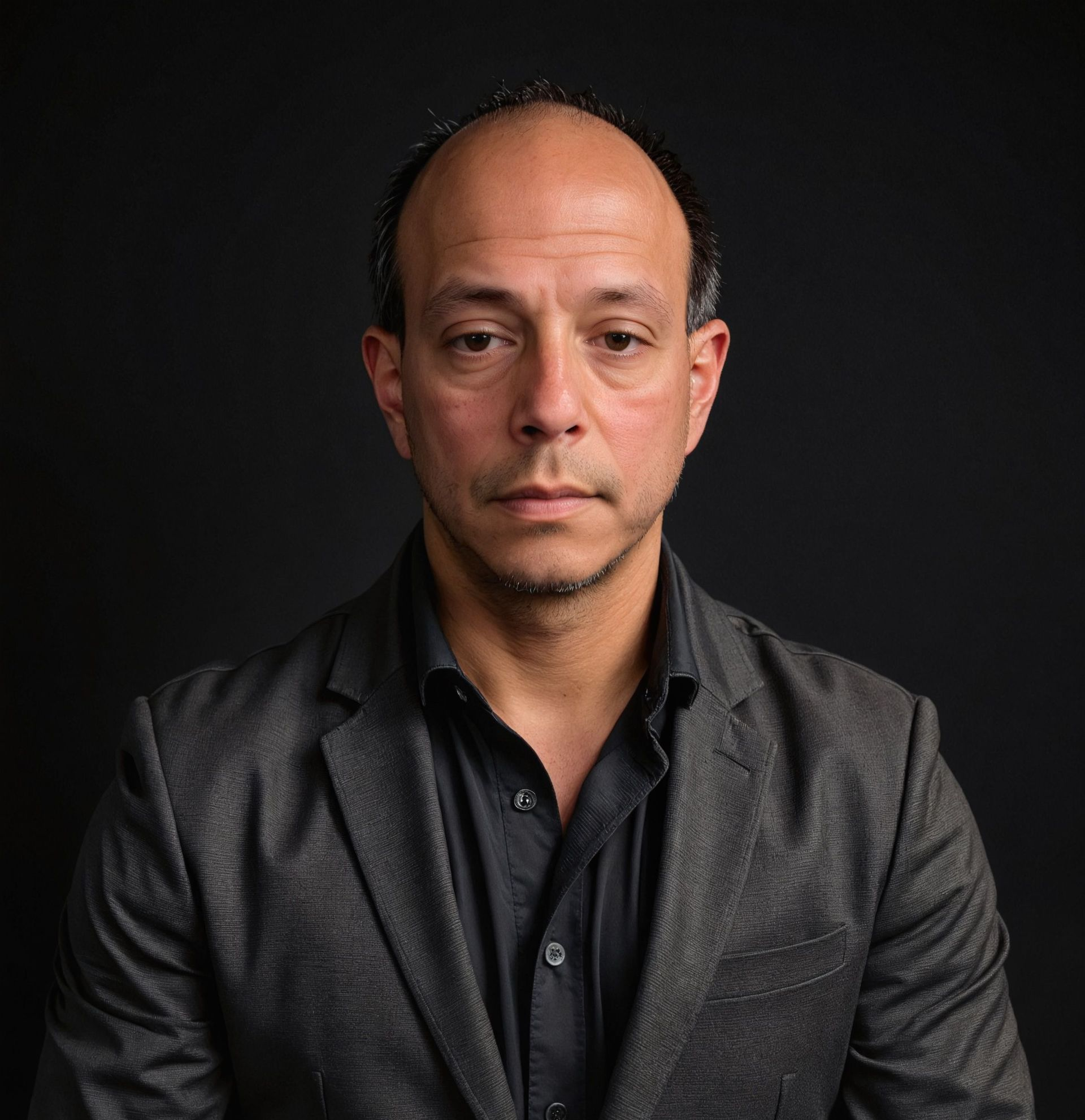 Man with thinning hair in a dark suit, stern expression, against a black backdrop.