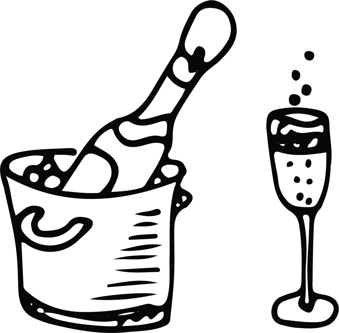 A black and white drawing of a bucket of ice and a glass of champagne.