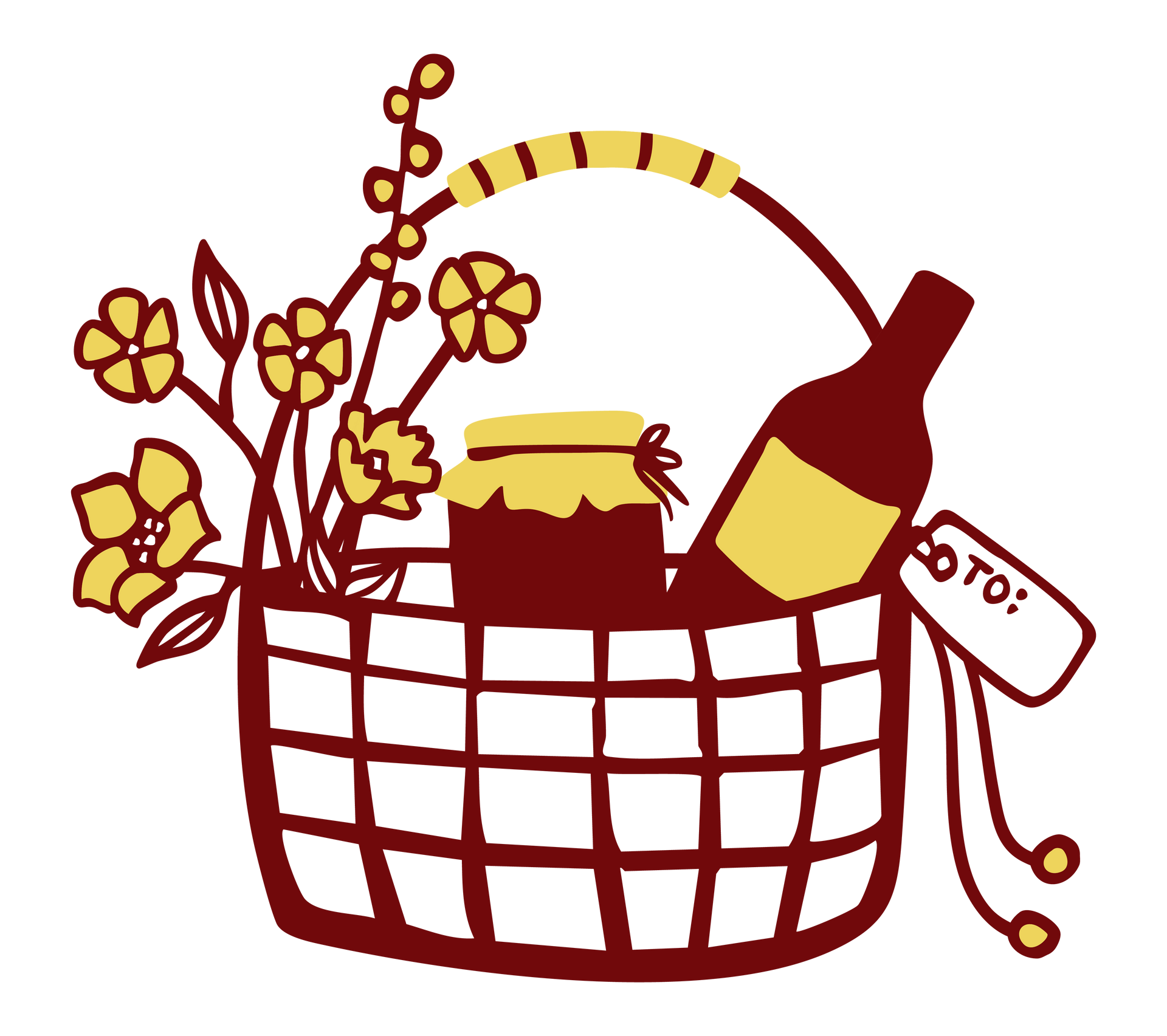 A basket filled with flowers , a jar of jam , and a bottle of wine.