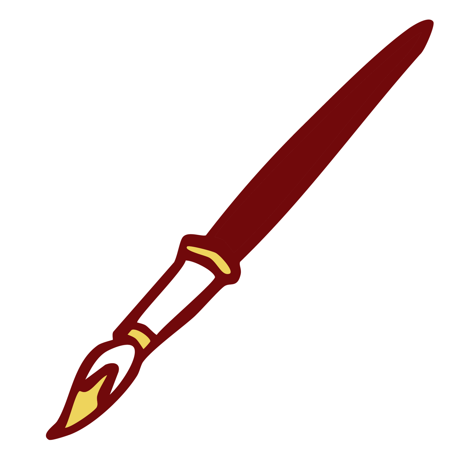 A red paint brush with a yellow tip on a white background.