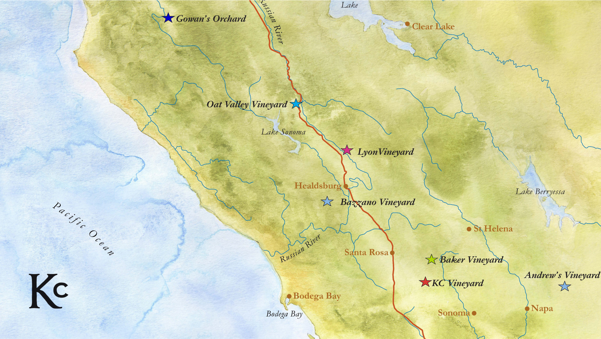 A map of california with the letter kc on it