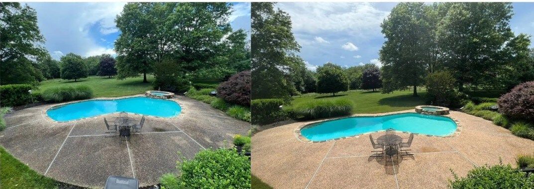 Before and after pool deck cleaning in Chester County PA, restoring aggregate concrete around a kidney-shaped pool